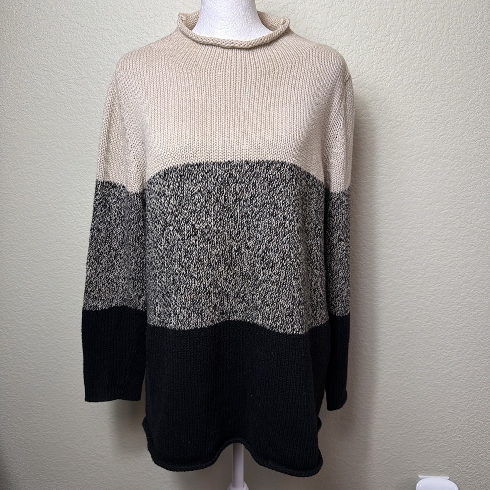 525 America Colorblock Sweater Womens S Cotton Roll Neck Shaker Knit Beige Grey
